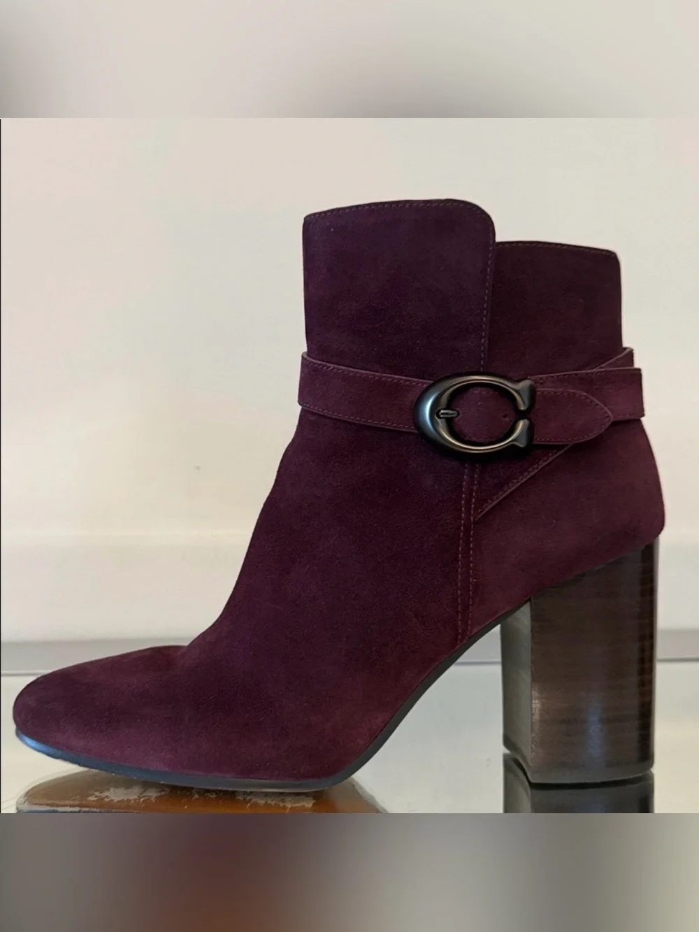 COACH Delaney Burgundy Suede Signature Buckle Ankle Booties Block Heel Size 9